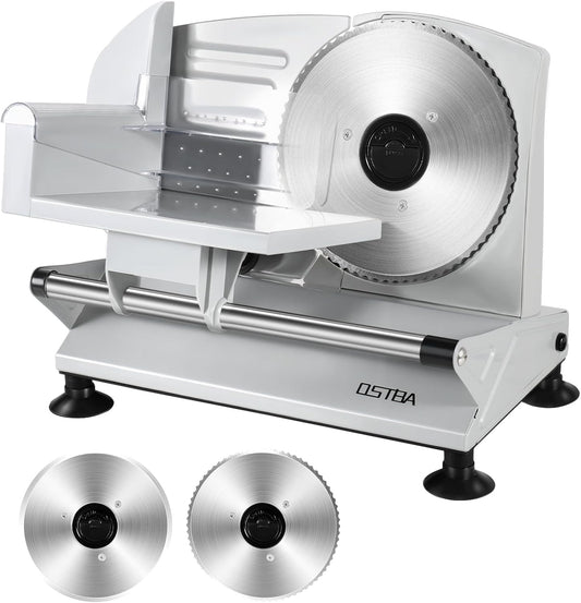 OSTBA Meat Slicer Machine, Two 6.7\u201D Removable Stainless Steel Blades and Food Carriage, 150W Electric Deli Food Slicer for Home Use, Easy to Clean, 0-15mm Adjustable Thickness for Meat, Cheese, Bread