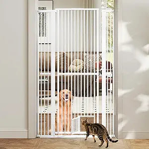 Giantex 67.5'' Extra Tall Pet Gate for Large Dogs & Cats, Adjustable 30.5''â€“41'' Wide Dog Gate with Small Pet Door, Extension Kits, Pressure or Hardware Mount, Jump-Proof Indoor Barrier, White