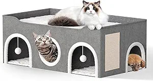 All-in-1 Extra-Wide Cat House for Indoor, Multi Cats Puppy Family, Large Cat Cave for Pet House with Fluffy Ball Hanging and Scratch Pad, Foldable Dog Hideaway