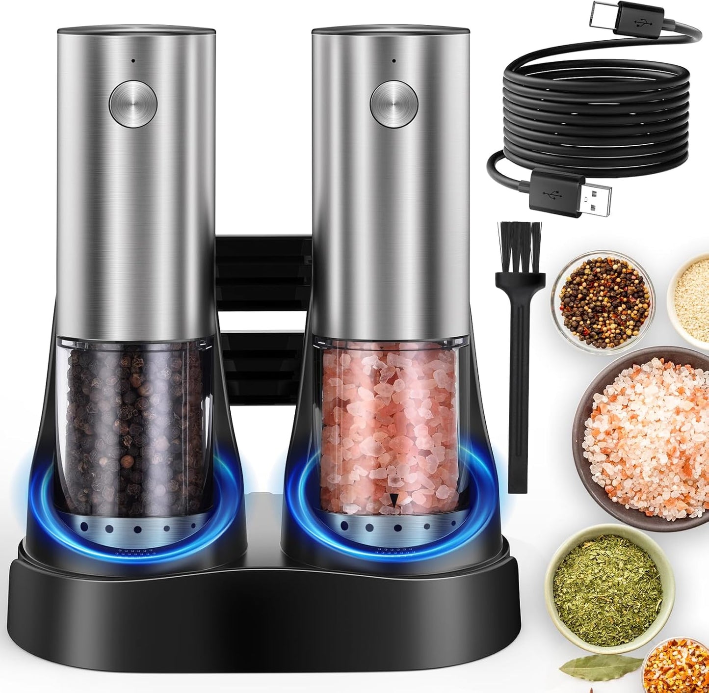 Electric Salt and Pepper Grinder Set, Rechargeable Salt and Pepper Shaker with LED light and Charging Base, Automatic Salt Pepper Mill Grinders with 6 Adjustable Coarseness, One-Hand Operation