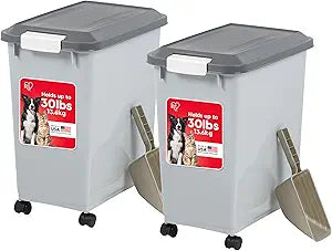 IRIS USA Dog Food Storage Container with Wheels, Airtight Lid, 2-Cup Scoop, Up to 30 Pounds Pet Food Storage, Built in Scoop Storage in Lid, Pet Food Bin, Portable, BPA Free, 2 Pack, Gray/Dark Gray