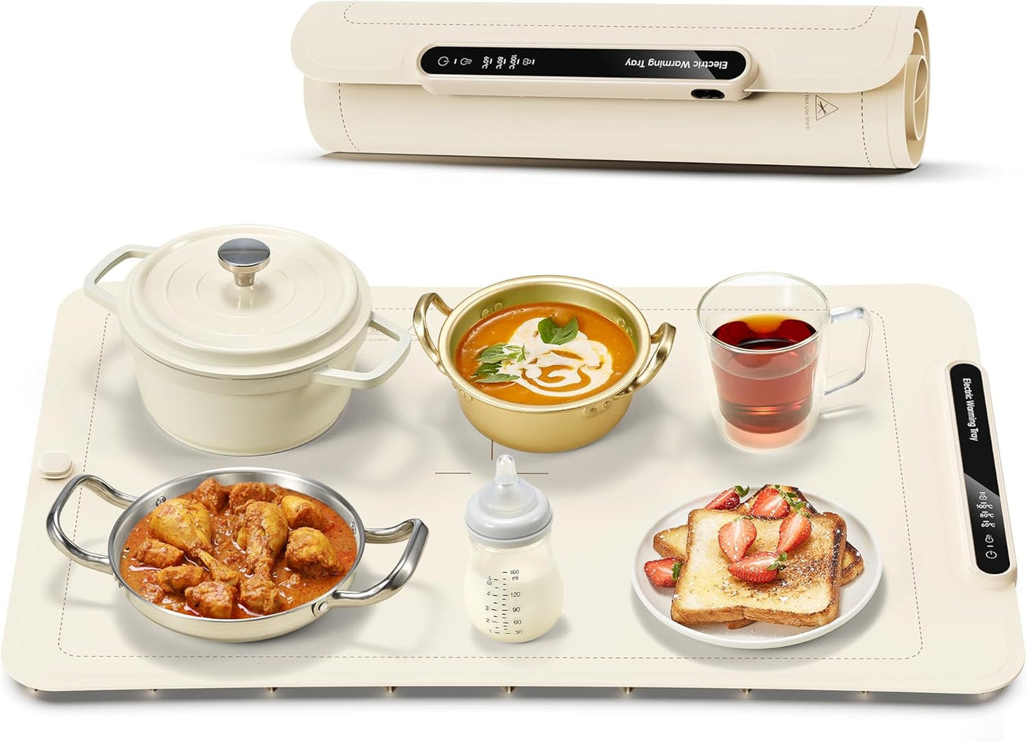 Electric Warming Tray, Full Surface Warming Mat for Food, Rollable and Portable, Fast Heating Pad with 3 Temperature Control, Auto Shut-Off, Plate Warmer for Buffets Party, Home, Cream (Cream)