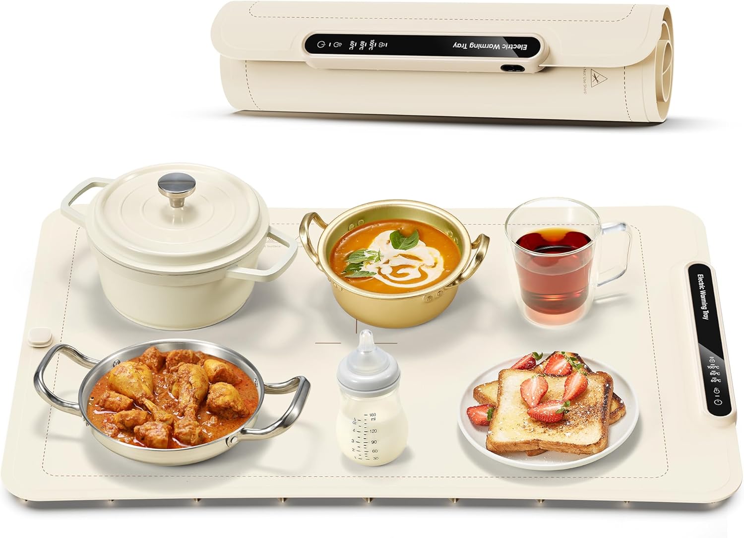 Electric Warming Tray, Full Surface Warming Mat for Food, Rollable and Portable, Fast Heating Pad with 3 Temperature Control, Auto Shut-Off, Plate Warmer for Buffets Party, Home, Cream (Cream)