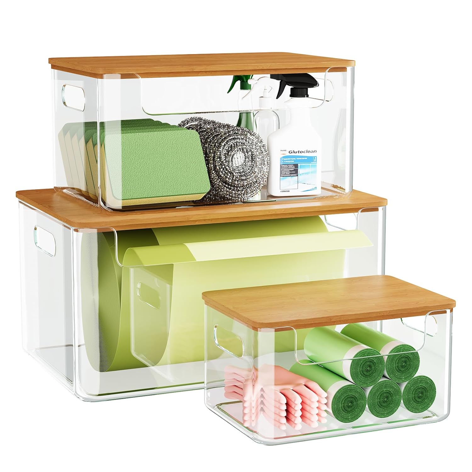 3 Pack Trash Bag Holder Dispenser with Lid, Extra Large Stackable Plastic Garbage Bag Holder Dispenser Under Sink for Kitchen, Pantry, Laundry Room, Cabinet Organizer and Storage