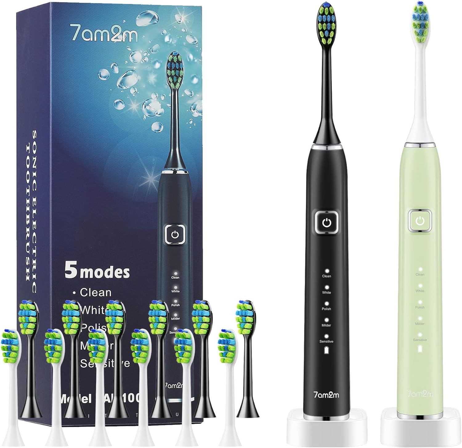 7AM2M Sonic Electric Toothbrush with 6 Brush Heads for Adults and Kids, One Charge for 90 Days, Wireless Fast Charge, 5 Modes with 2 Minutes Built in Smart Timer, Electric Toothbrushes(Green+Black)