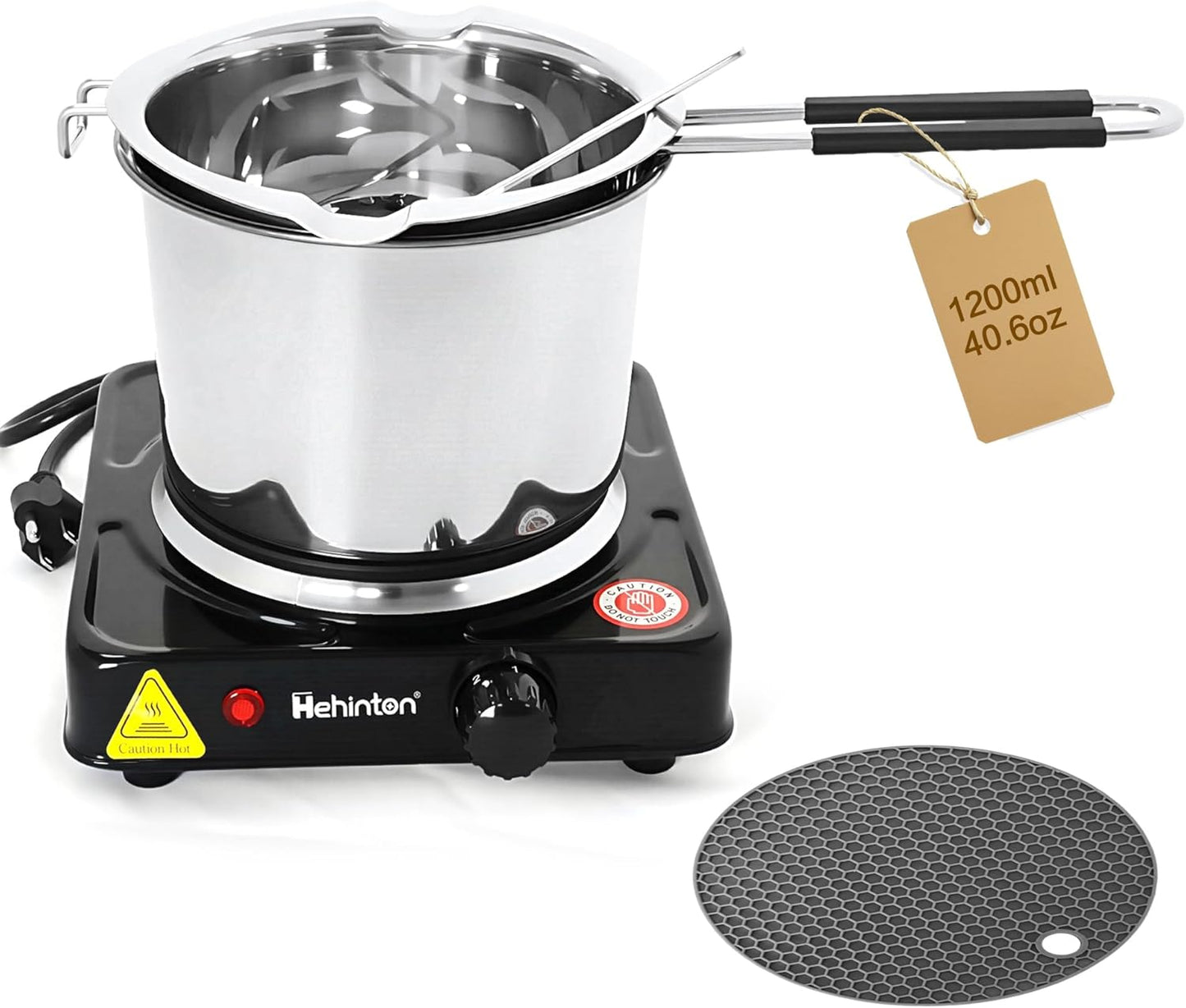 Professional Double Boiler Pot 1200ML/40.6OZ, 304 Stainless Steel Chocolate Melting Pot with 1000W Electric Hot Plate, Multi-Functions Warming Melting Pots for Wax Soap Base Candy Cheese Butter