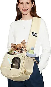 Dog Sling Carrier for Small Pets, Cat Sling for Kitten and Puppy up to 7 lbs, Breathable Cat Pouch Pet Purse with Soft Mat, Hands-Free Pet Carrier with Safety Harness and Pockets for Travel, Yellow