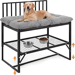 Leinuosen Large Dog Bunk Beds for Large Dogs Height Adjustable with Storage Shelf, 44"x39"x28" Heavy Duty Metal Dog Bunk Platform, Pet Bed Extension for Human Bed with Removable Cushion, Up to 300 Lbs