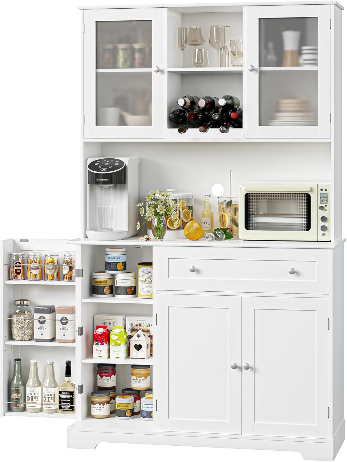 HOSTACK Kitchen Pantry Storage Cabinet, Modern Buffet Cabinet with Hutch, Tall Kitchen Hutch with Microwave Stand, Food Pantry with Doors and Shelves | Wine Rack for Dining Room, White