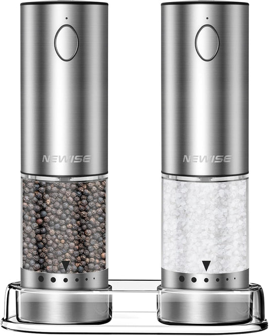 Newise Electric Salt and Pepper Grinder Set - Christmas Kitchen Gift, Rechargeable with LED Lights, Stainless Steel Automatic Mill, Adjustable Coarseness, Large Capacity, Silver