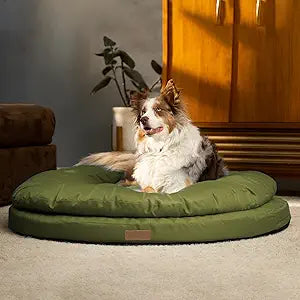 ClevaHome Orthopedic Dog Bed for Large Dogs, 42 inches Dual Layer Water Repellent Round Pet Bed with Washable Cover Nonslip Bottom (Olive Branch)