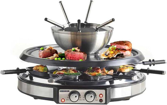 GIVENEU Electric Fondue Pot Sets with Barbecue Grill, 600ml Fondue Pot with 8 Forks and Electric Raclette, Dual Adjustable Thermostats, Perfect Fondue Grill Combo for Family Fun