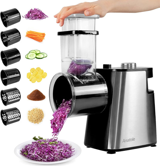 Anatole Electric Cheese Grater Stainless Steel Vegetable Shredder 6 Blades 250W Large Inlet Outlet BPA-Free 110V