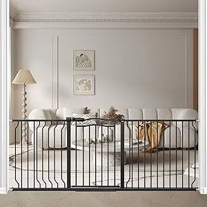 Fairy Baby 71.7"-81.1" Extra Wide Baby Gate for Doorways, Large Pet Gate for Wide Openings, Pressure Mounted Safety Child Gate for Stairs, Metal Auto Close Long Dog Gate with Door Walk Thru, Black