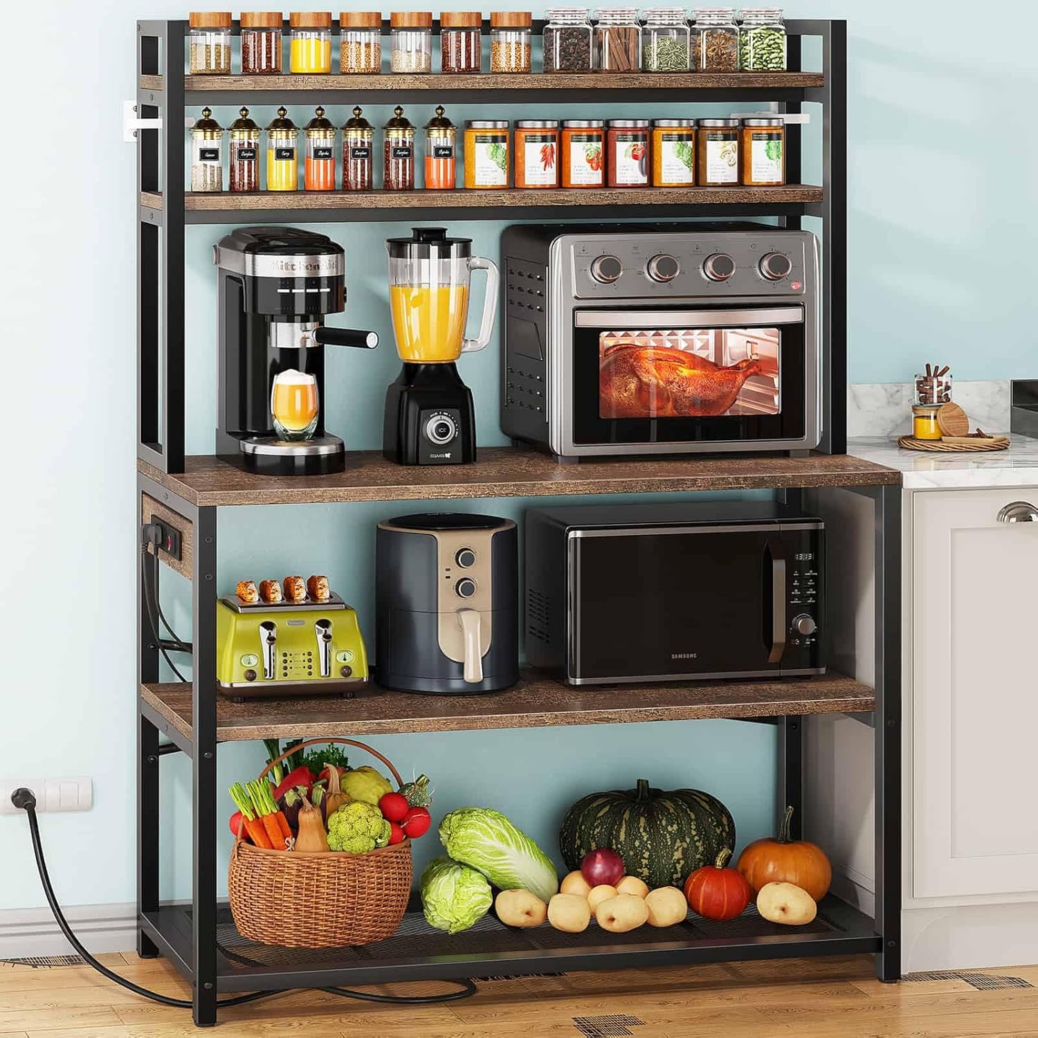 Denkee Large Bakers Rack with Power Outlets, 5-Tier Microwave Stand with Storage, Coffee Bar Stand, Industrial Kitchen Shelf Rack, 38 x 15.7 x 66.9 Inches, Rustic Brown