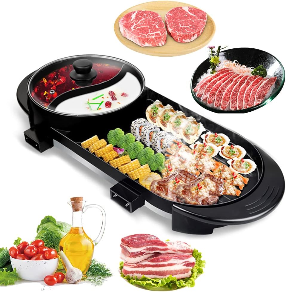 Electric Grill Hot Pot 2 in 1, Indoor Smokeless Grill Teppanyaki Grill w/ Non Stick Pan Shabu Shabu with Black