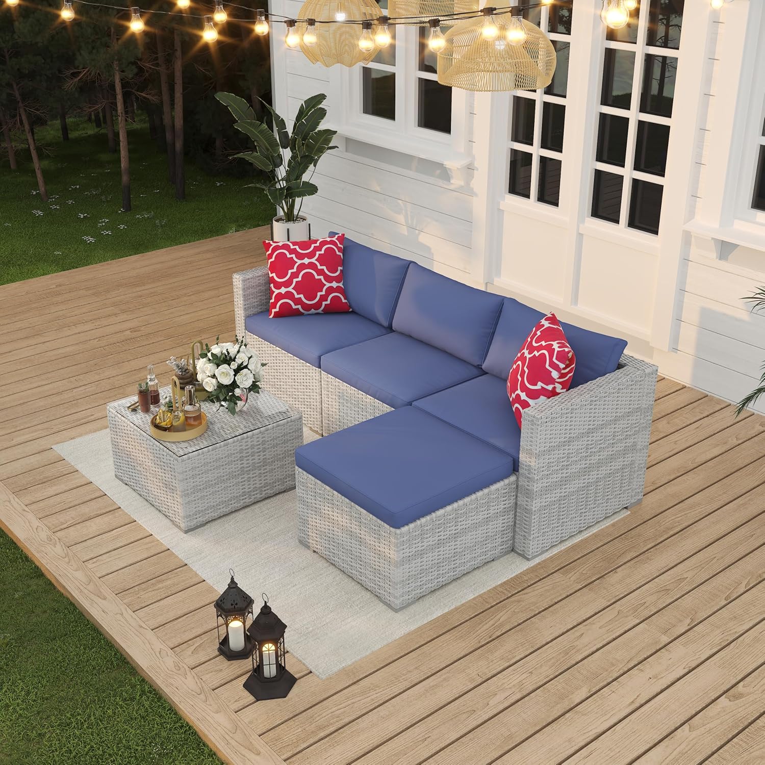 Qeetex 5 Piece Deck Patio Furniture Set Outdoor Rattan Parlor Sofa Set All Weather Sectional Sofa with Glass Storage Table and Balcony Footstool Non-Slip Cushions Poolside Garden Porch Grey + Blue