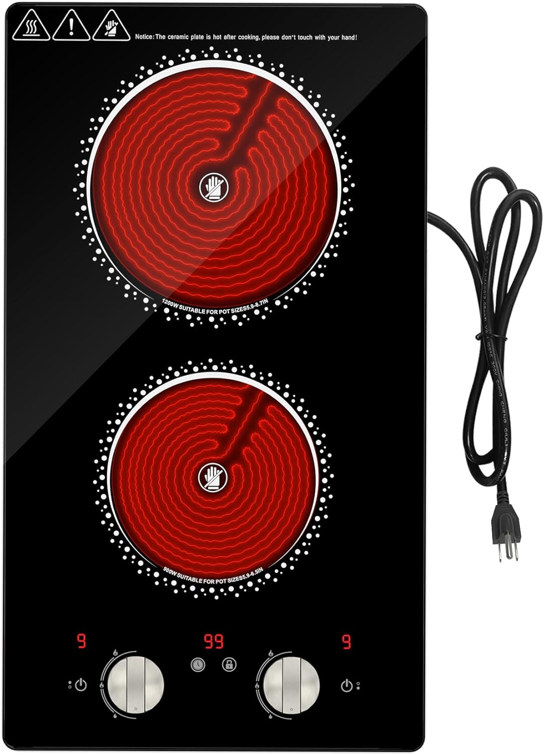 Nafewin 2 Burner Electric Cooktop - 12 Inch Electric Stove Top with Plug, 2100W Countertop Burners & Built-In Stove Top, 9 Levels of Power, Knob Control, Timer & Kid Safety Lock, Residual Heat Warning