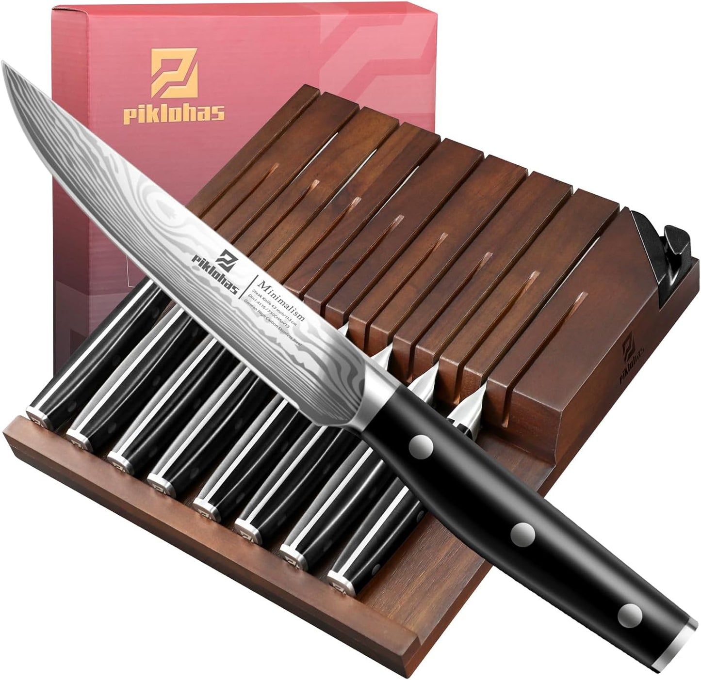 Piklohas Steak Knives Set of 8 with Drawer Organizer Built-in Sharpener, 4.6 Inch Non Serrated Dinner Knife, Forged German Steel Damascus Pattern Straight Edge Meat Knife with Full Tang Handle, Black