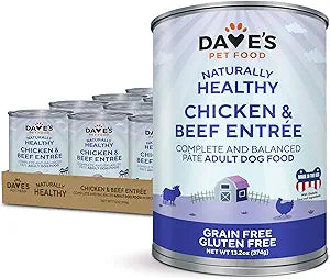Dave's Pet Food Wet Dog Food & Topper (Chicken & Beef), Made in USA Naturally Healthy Canned with Added Vitamins & Minerals, Gluten Free, 13.2 oz (12 Pack)