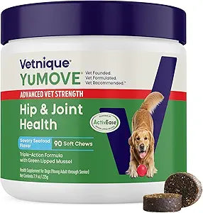 Yumove Hip & Joint Supplement for Dogs with Glucosamine, Hyaluronic Acid, Green Lipped Mussel & Omega 3 Joint Supplement - Regular or Advanced Strength (90 Count, Advanced Vet Strength Soft Chews)