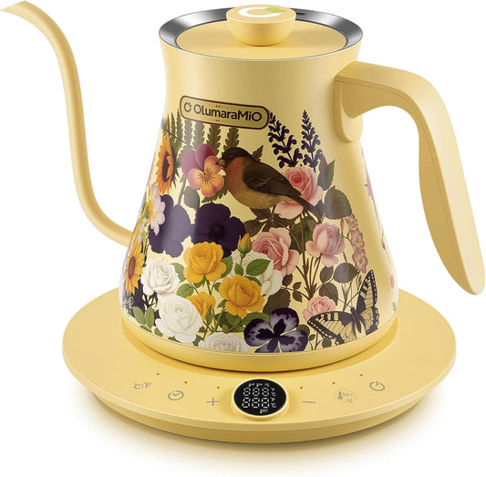 0.8L/27oz Gooseneck Electric Kettle - ±1℉ Precise Temperature Control for Pour Over Coffee & Tea, 1200W Fast Heating, Auto Shut-Off, Built-in Brew Timer, BPA-Free Stainless Steel, Floral
