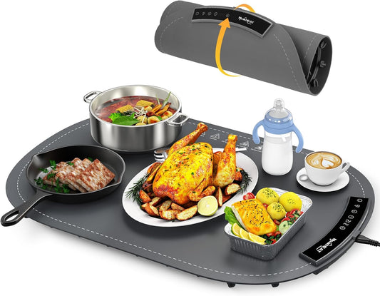 Food Warming Mat, Foldable Electric Warming Tray with 6 Temp Setting, Full-Surface Heat, 4 Hours Auto-Off, Nano Silicone Material, food warmer mat for Buffet, Home Party, Dinner, Grey