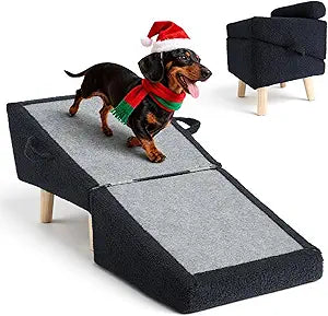 Dog Stairs for Small Dogs and Cats â€“ 2-in-1 Dog Ramp for Couch and Low Bed, 16.5'' Foldable Wooden Pet Ramp, Sturdy Multi-Use Split Ottoman Design, Dark Blue