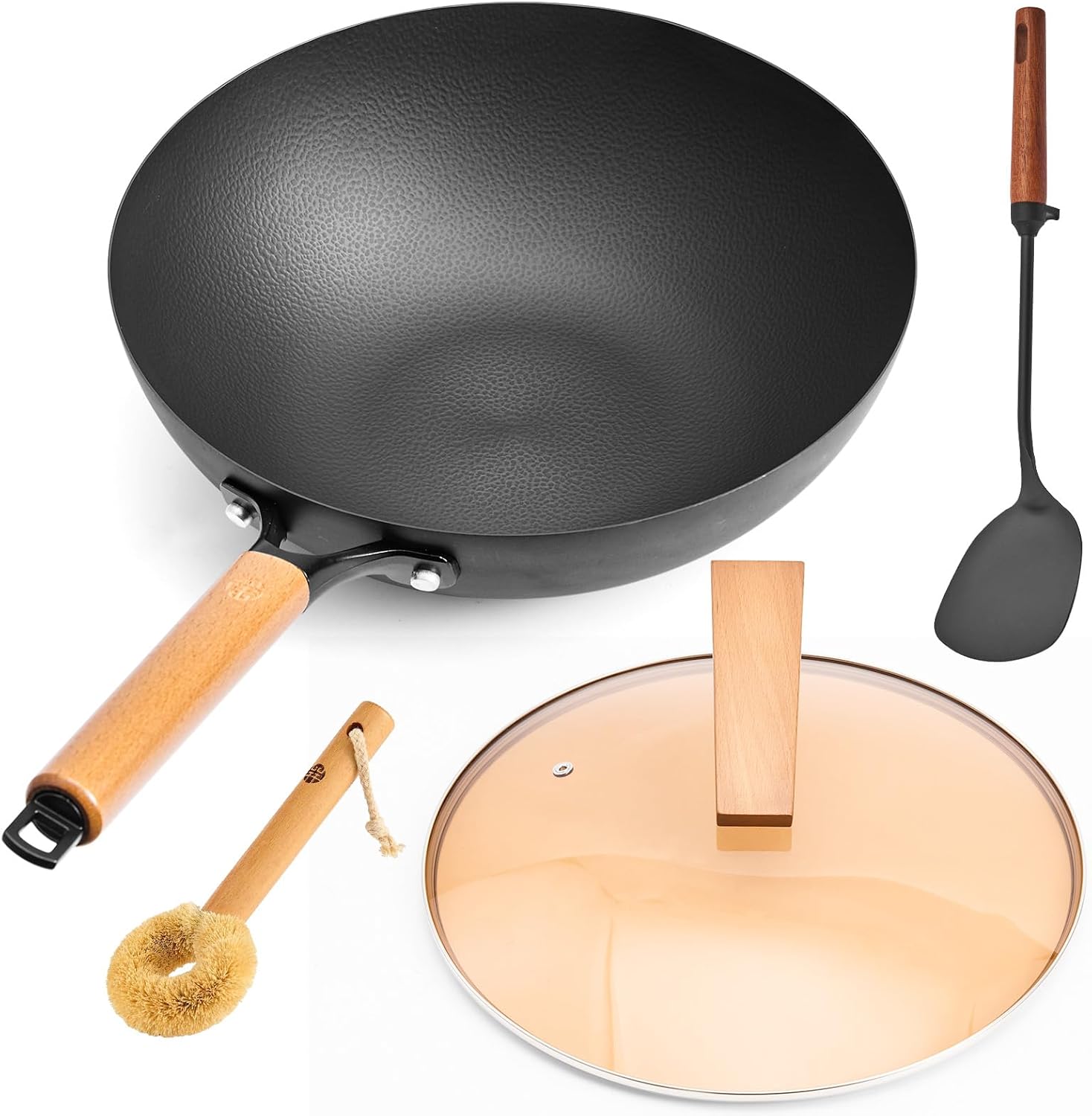 WANGYUANJI 12.6 Inch Wrought Iron Wok with Standable Glass Lid, Chemical-Free Flat Bottom Stir Fry Pan for Induction, Gas, and Electric Stoves