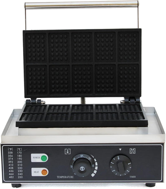 Waffle Maker, 1500W 50-300℃ Commercial Electric Machine Nonstick Waffle Making Machine Flip Waffle Muffin Baker Machine Stainless Steel Temperature Time Control for Restaurant(10 Grids Rectangular)