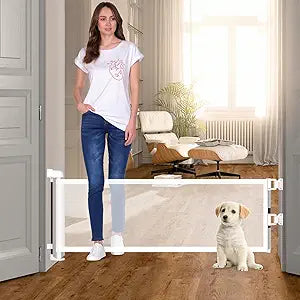 2 Pack Short Dog Gate Pet Gates Puppy Gate 14" H 59" Wide Step Over Pet Fence, Mesh Retractable Indoor Outdoor Expands Up to 59 Inches Small Dog Gates for Doorways Stairs