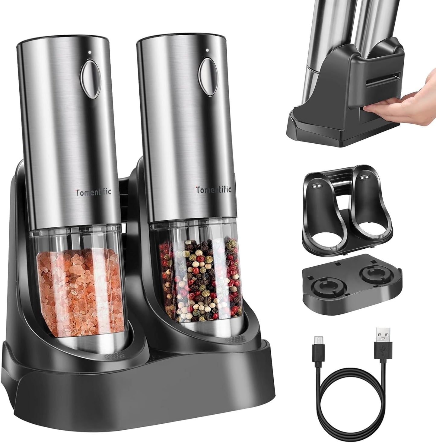 [Upgraded Larger Capacity]Electric Salt and Pepper Grinder Set Tomentific, Automatic Pepper Mills with Easy-to-Carry Dual Charging Station and Adjustable Coarseness, LED Light, Stainless Steel