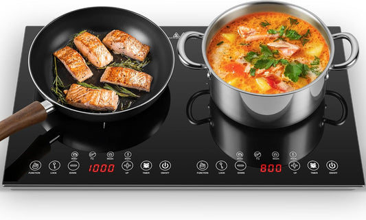 Portable Induction Cooktop 2 Burner - 1800W Double Induction Cooker with 8 Power Settings, 4 Pre-Set Modes, Ultra Thin Design, Sensor Touch Control, Child Safety Lock & Timer | Electric Cooktop