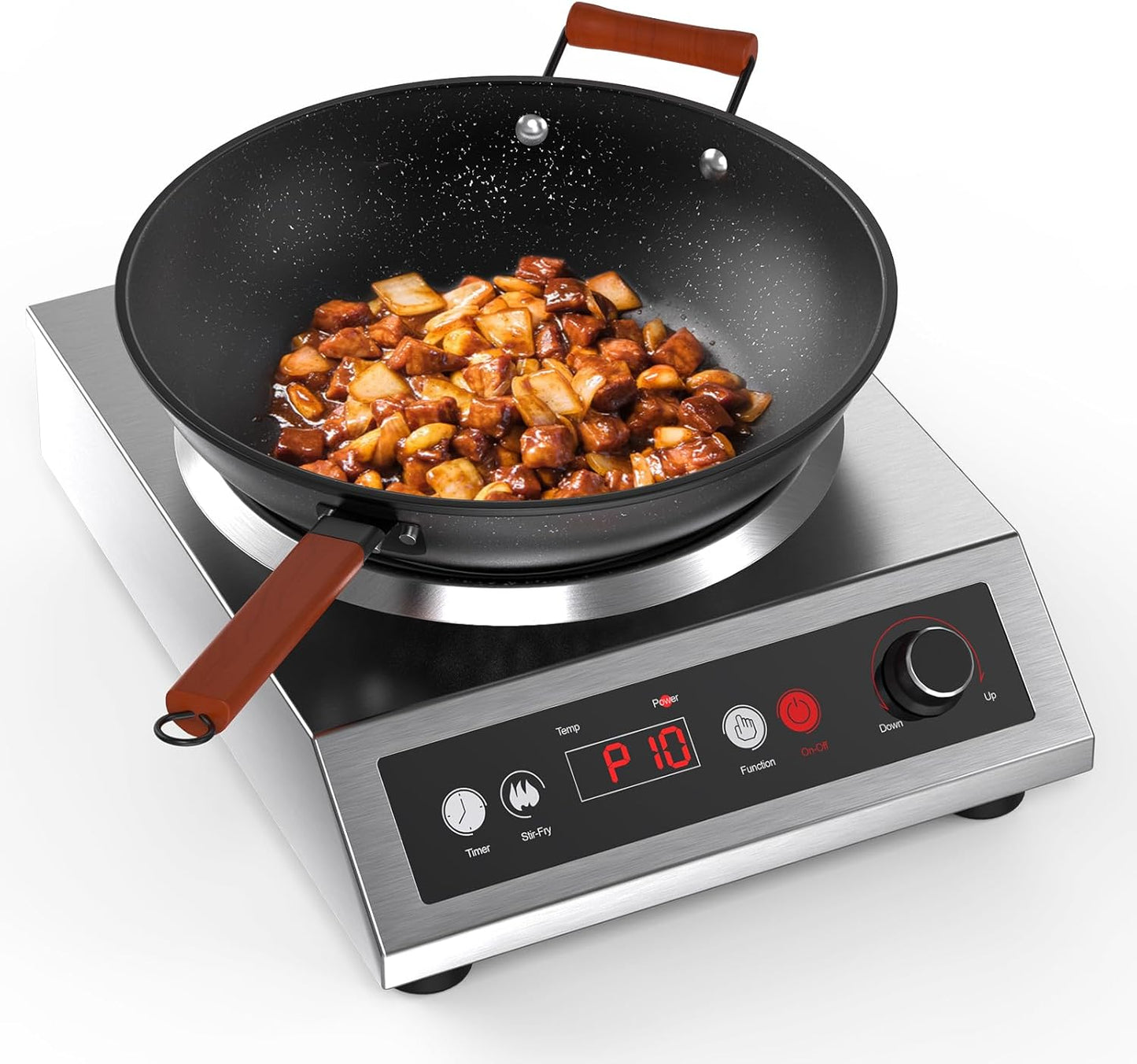 1800W Induction Wok,Stainless Steel Electric Wok Used For Home And Commercial,Temp From 140°F to 460°F,Concave Surface Dual Control 10 Power 24H Timer,14-inch Cast Iron Wok Included