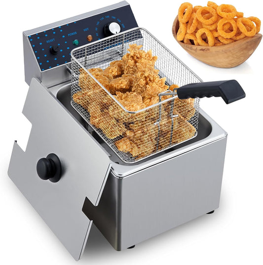 GarveeHome Electric Deep Fryer Stainless Steel with Basket, 8 L/8.45 QT Countertop Fryers, 1600W Single Tank Electric Fryer for Kitchen, Restaurant and Commercial Use, Temperature Adjustable 140-392℉