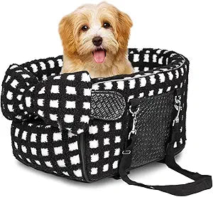 Portable Dog & Cat Car Seat - Under 13 lbs, With Cozy Bow Neck Pillow (Grid-Black)