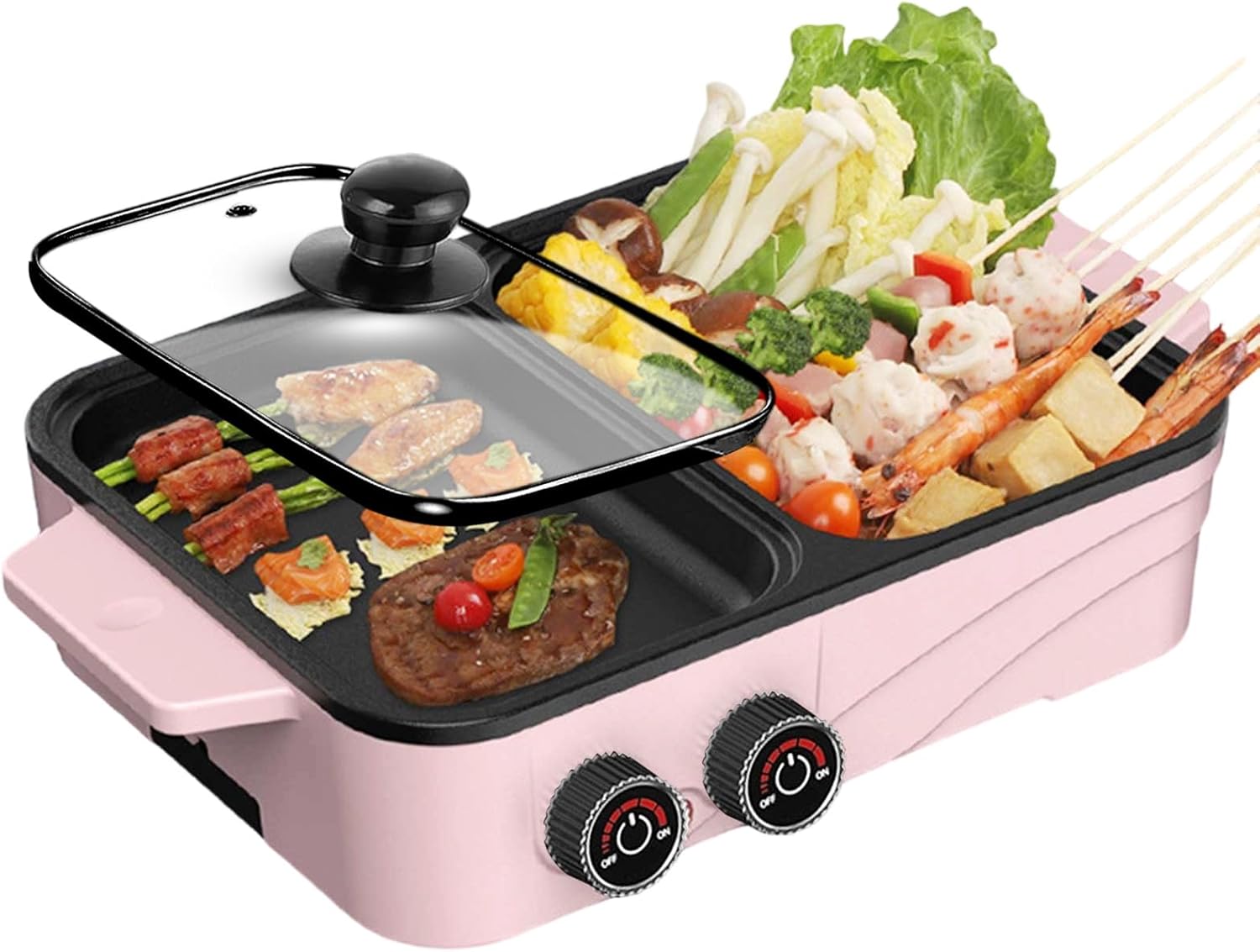 Hot Pot Electric with Grill, 2-in-1 Nonstick Korean BBQ Grill Indoor Smokeless Hotpot Pot Electric Cooker Sahabu Shabu Pot, Independent Dual Temperature Control