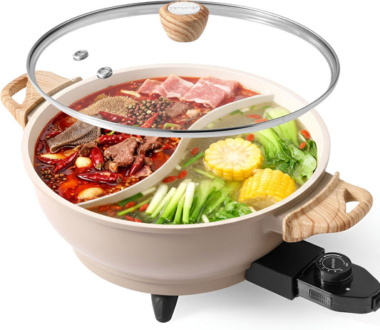 TWIN™ Electric Hot Pot with Divider | PFAS-Free Ceramic Nonstick Pot | EvenHeat Cast Aluminum Body | 1500W Fast Heating | Dual-Flavor Shabu Shabu Pots for Family Use | 1-Yr Warranty