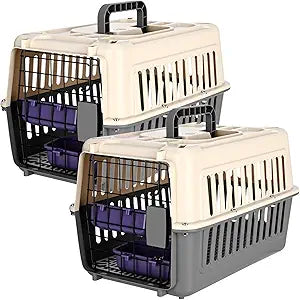 2 Set Hard Plastic Pet Carrier Breathable Dog Cat Kennel with Metal Door Bowl Grille Mat Pet up to 14 Lbs Carrier for Walking Camping Vet Visits Travel, 17.3"L x 11.8"W x 10.6"H(Gray White)