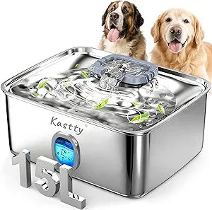 Kastty 4 Gal Dog Water Fountain for Large Dogs,15L Stainless Steel Dog Water Bowl Dispenser Triple Filtration,Ultra Quiet Automatic Pet Water Fountain with Water Level Window and LED Light(FS76)