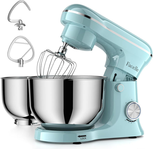 Tilt-Head Stand Mixer, 5QT+6QT Stainless Steel Two Bowls, 10 Speeds Kitchen Electric Food Mixer with Egg Whisk, Dough Hook, Beater, Dishwasher-Safe Attachment (Blue)