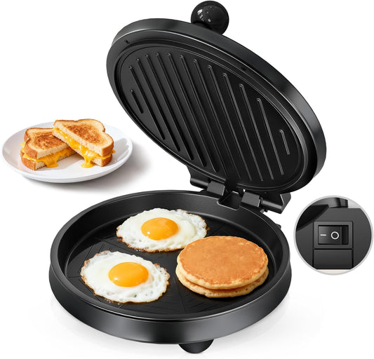 3-in-1 Electric Griddle & Panini Press - CACHOO 8" Nonstick Round Griddle and Sandwich Maker with On\/Off Switch, 180° Open Design, Perfect for Pancakes, Omelettes, Quesadillas, Veggies (Black)