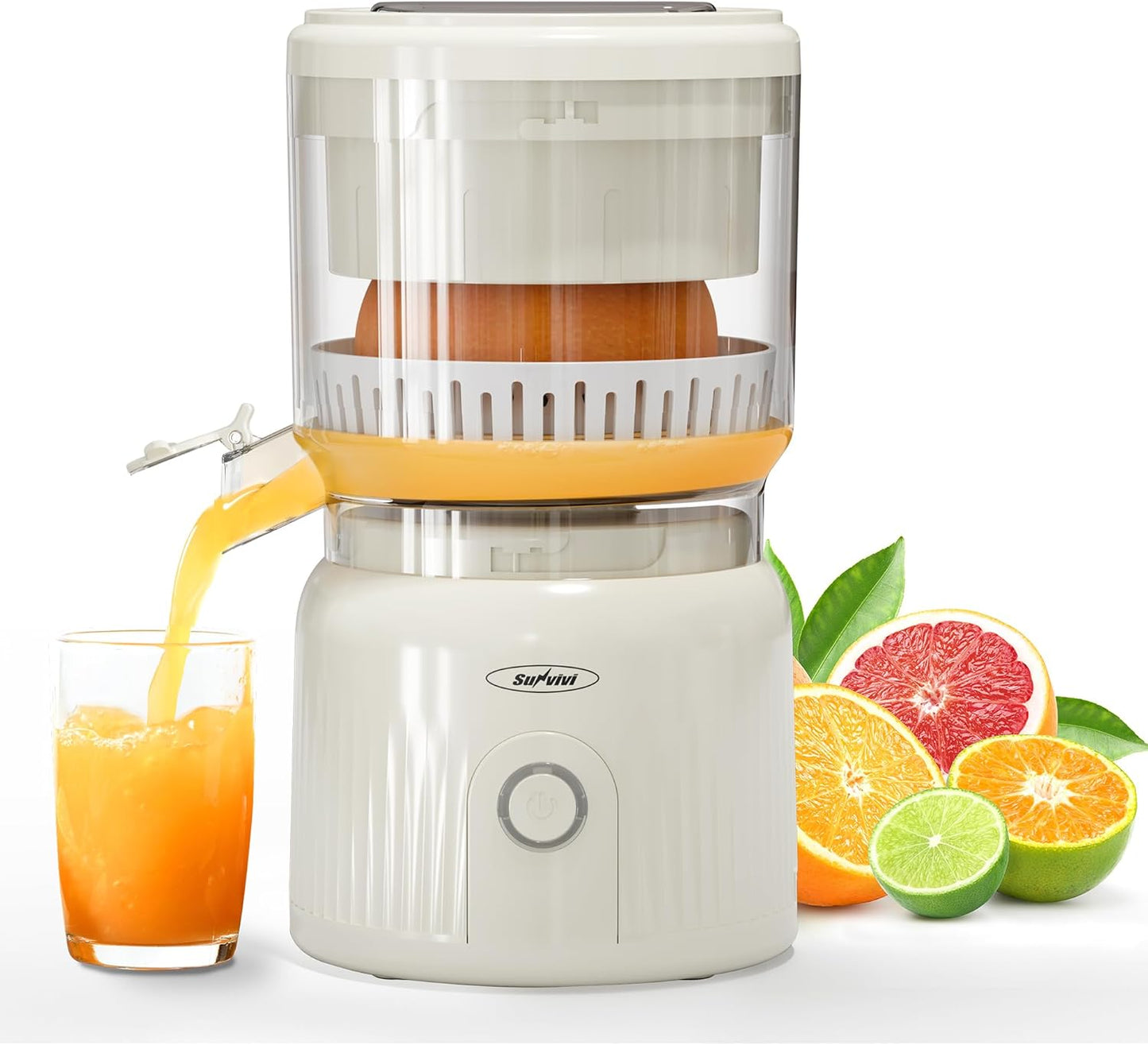 Sunvivi Electric Citrus Juicer, 90W Automatic Juice Squeezer with High-Speed 15,000 RPM, Ideal for Orange, Lemon, and Soft Fruits, Compact and Easy to Clean, Includes Cleaning Brush, White