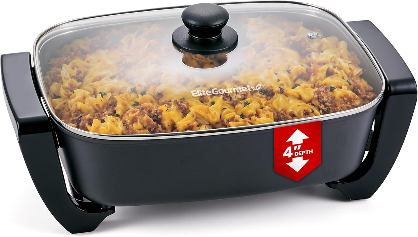 Elite Gourmet 15" x 12" x 4" Electric Skillet, Xtra Deep Dish, Ceralast™ PFAS Free Ceramic, 1500W Rapid Heat, Tempered Glass Vented Lid, Dishwasher Safe, 12.5 Qt., Black\/Gray