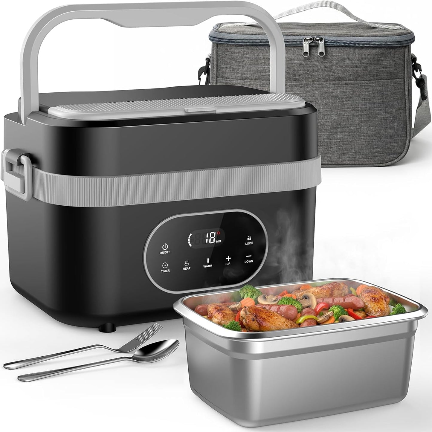 Furnovo Cordless Electric Lunch Box for Adults: 1.5L Heated Lunch Box for Men Women with Automatic Heating 18000mAh Rechargeable Portable Food Warmer with Bag and Tray Divider for Office Truck Outdoor