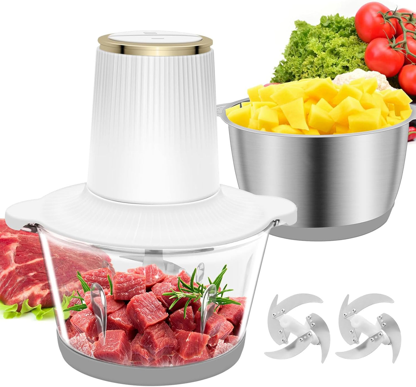 Food Processor, 2 Speed Meat Grinder Electric Food Chopper with 2 Bi-Level Blades Mini Kitchen Cutter for Vegetable, Onion, Garlic, Meat, Nuts, and Baby Food (White-2L)
