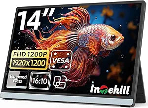 Intehill 14" Portable Monitor, WUXGA 1920x1200 Portable Screen with Full-Covered Tempered Glass, 16:10 USB-C HDMI External Display with Speakers & Stand, Travel Monitor Second Screen for Laptop, F14ZA