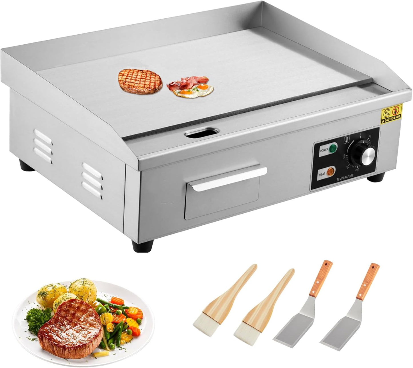 21 Inch Commercial Electric Griddle, 1600W Stainless Steel Flat Top Grill, Countertop BBQ Teppanyaki Grill with 2 Shovels, 2 Brushes for Home, Restaurant, 122-572℉
