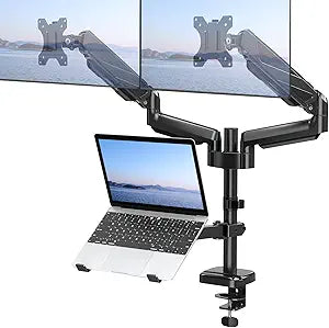 MOUNT PRO Monitor and Laptop Mount for 2 Max 27" Computer Screens, Laptop Tray Fits 10-17inch Notebook, 3-in-1 Adjustable Laptop and Monitor Desk Mount with VESA Bracket 75/100mm