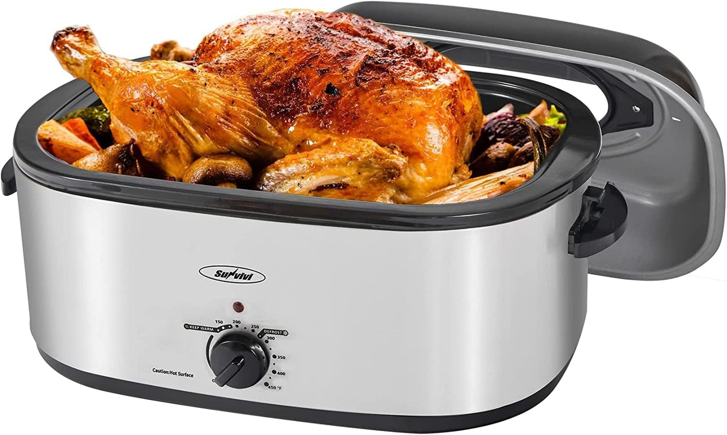 Sunvivi Roaster Oven, Electric Roaster Oven with Viewing Lid, 30lb 26-Quart Turkey Roaster with Unique Defrost\/Warm Function, Large Roaster with Removable Pan & Rack, Stainless Steel, Silver
